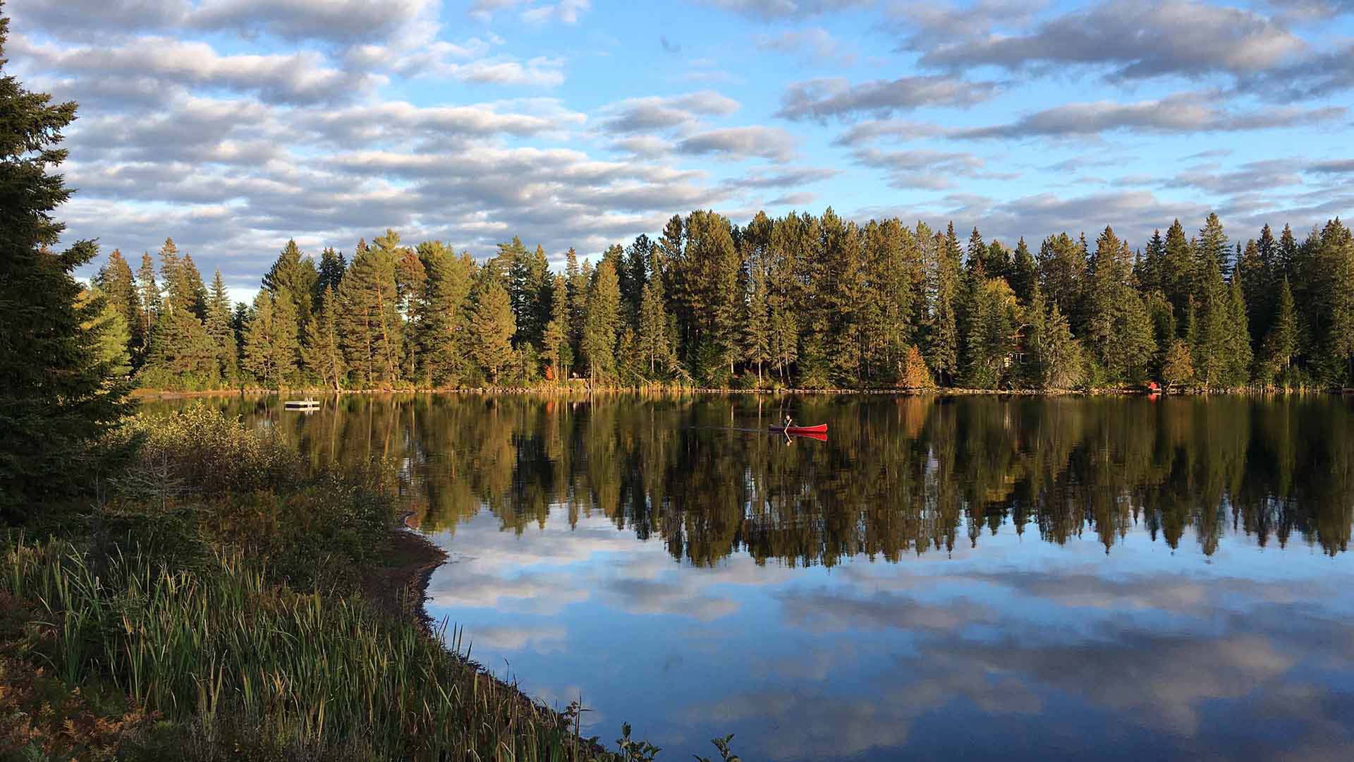 A man canoes in the Lake of Two Rivers at Algonquin Provincial Park.